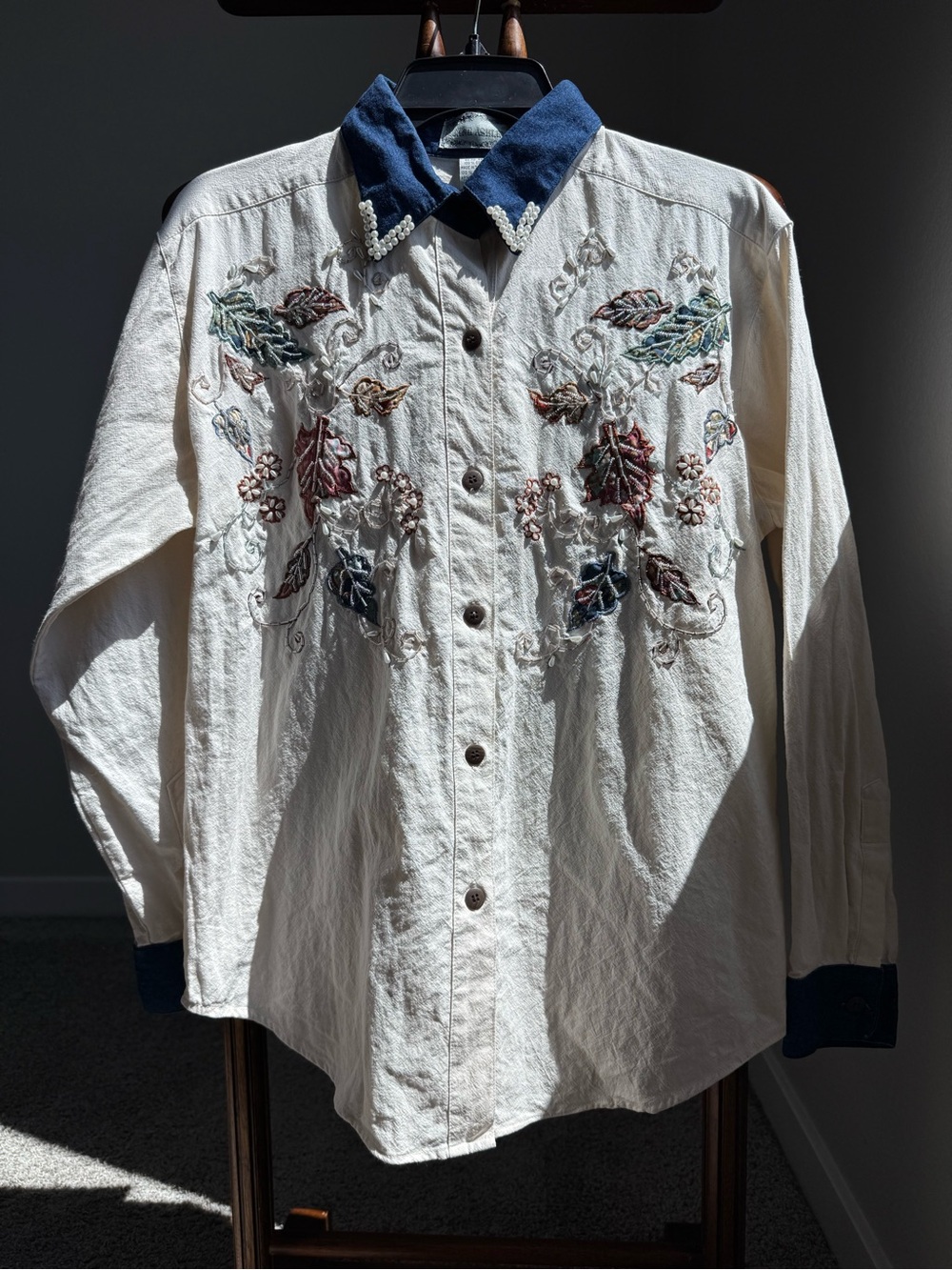 VTG Jane Ashley Embellished Denim Collar Blouse Women’s Size S Cottagecore